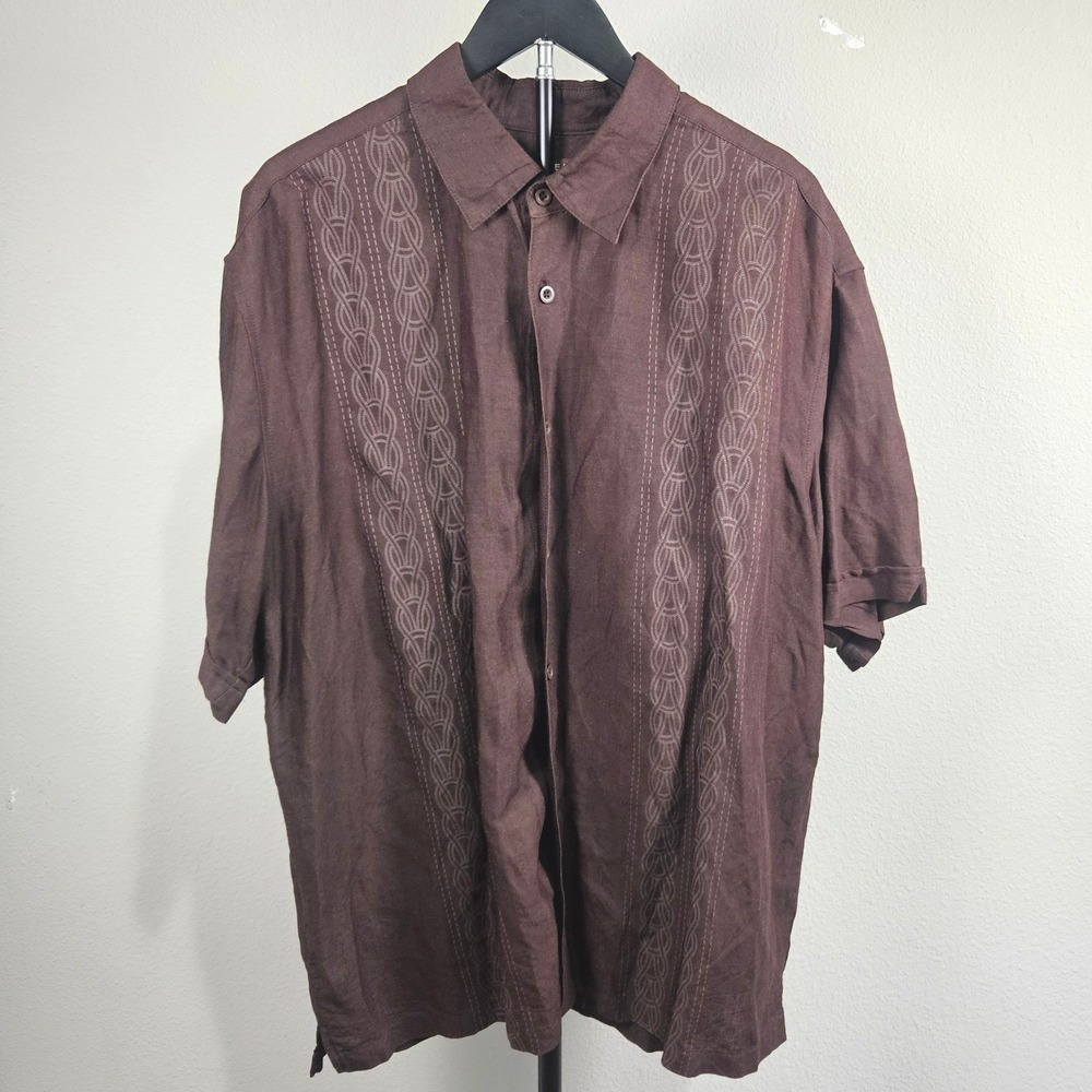 Cubavera Button Down Mens XL Brown Embroidered Ramie Blend Tropical Coastal